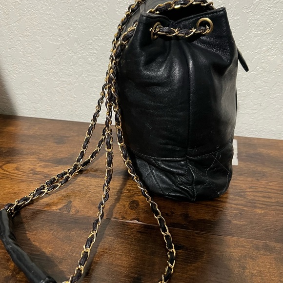 Beautiful Black Quilted Leather Drawstring Backpack with Gold Chain main image 10